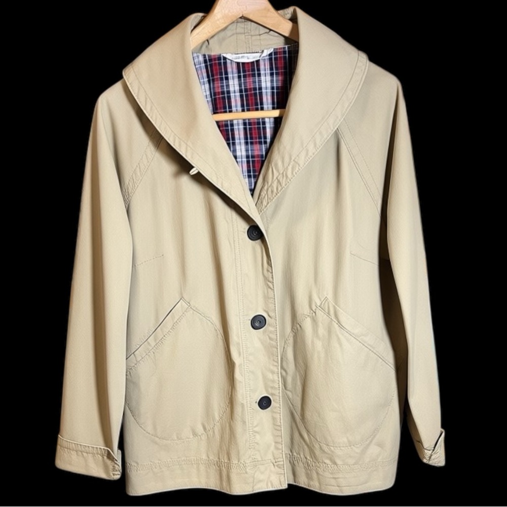 Wool rich Vintage  Light Beige Utility Jacket with Plaid Lining Women’s SZ XL